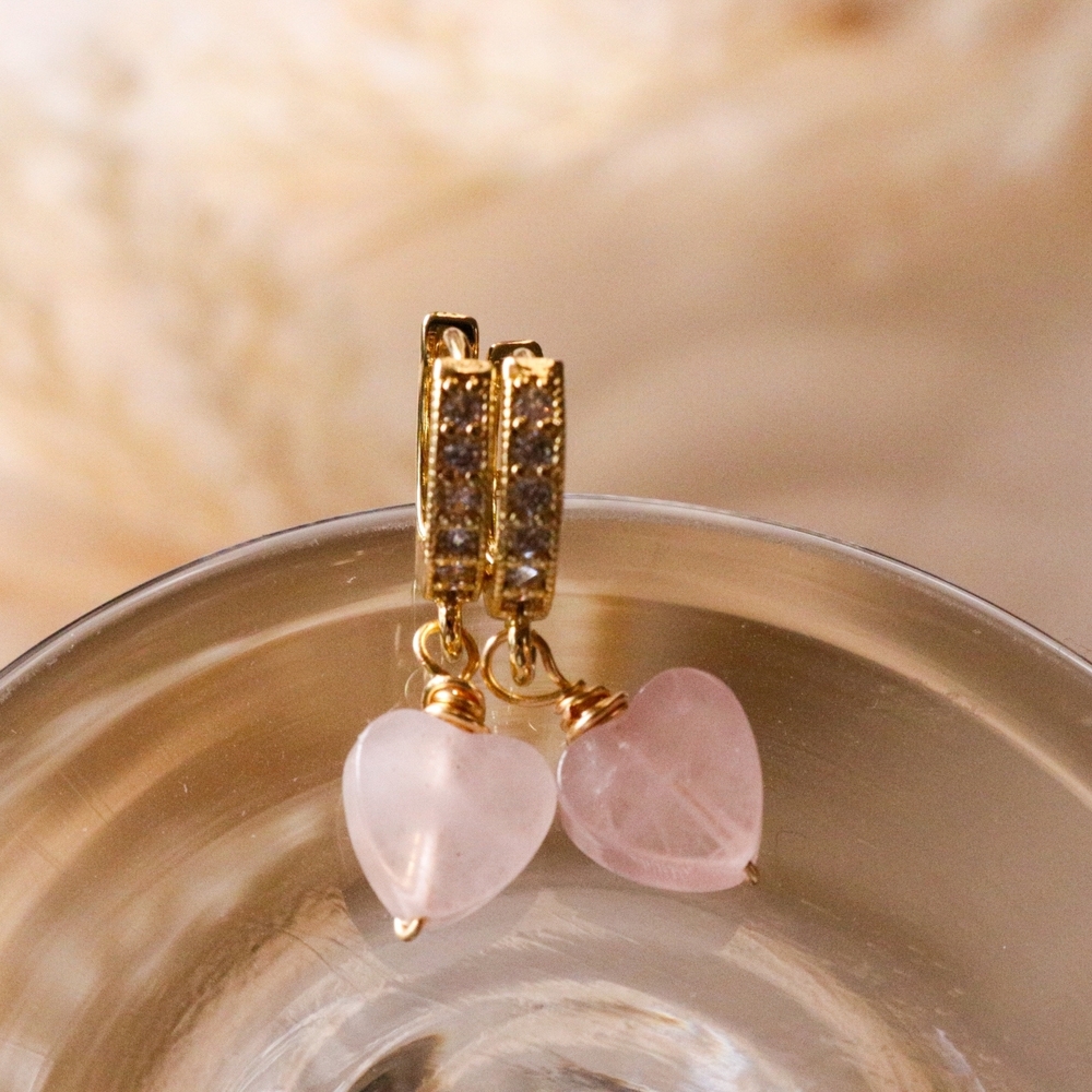 Gold Hoop Earrings with Pink Heart Rose Quartz Stone Drops